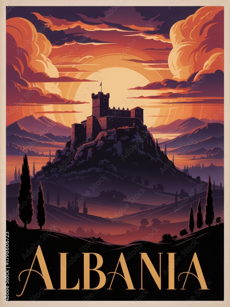 A stunning sunset casts warm colors over a historic castle situated on a hill in Albania. Silhouettes of mountains and trees enhance the beauty of this tranquil scene.
