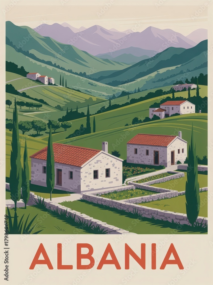 The serene beauty of rural Albania, showcasing rolling green hills, traditional houses with red roofs, and cypress trees against a distant mountainous backdrop.