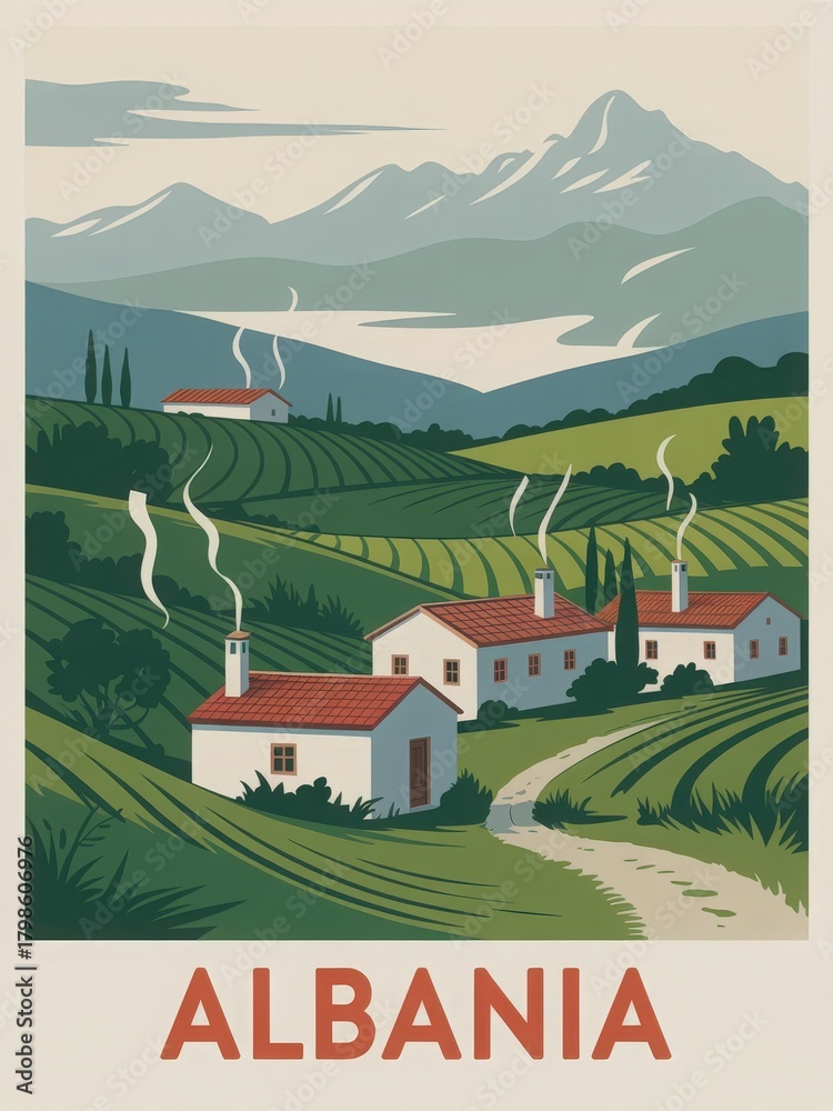 Green hills stretch across the landscape in Albania, dotted with simple white houses that have red roofs.