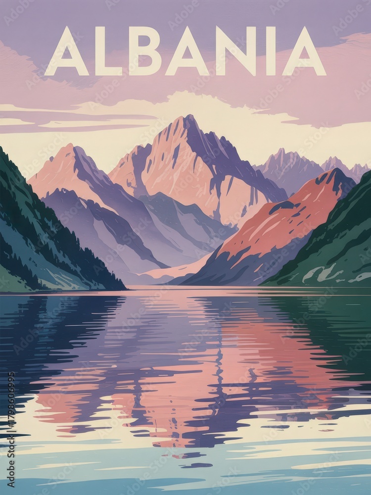 Majestic mountains rise above a calm lake, reflecting stunning pink and purple hues. Lush green hills frame the serene landscape in this captivating scene from Albania at sunset.
