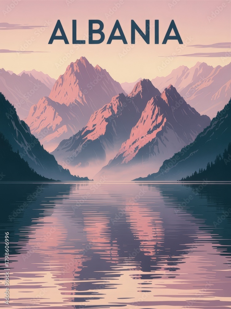 Stunning mountains rise majestically above a serene lake in Albania, with warm colors of sunset reflecting on the water, creating a peaceful and picturesque landscape.