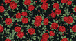 © Md - Beautiful seamless pattern of vibrant red roses with green leaves and winding stems on a deep black background, ideal for various design projects.