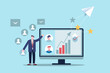 © Bebdas - Businessman presenting positive business growth and team success on a computer screen with a paper airplane taking flight