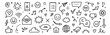 © RosieLily - Emoji internet sketch icon set. Internet conversation, media outline tech emoji, star, arrow shape. Hand drawn sketch chat emoticon reaction, digital cloud, smile face elements. Vector illustration