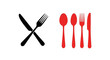 © Muginandaru - Graphic illustration of dining cutlery a black crossed knife and fork, and a red set of spoons and a knife. Represents meal service and restaurant concepts