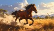 © Ku - A majestic brown horse gallops through a sunlit field with tall grass, kicking up dust under a vast, blue sky