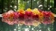 © BinaryBrush - Vibrant hibiscus flowers in full bloom, floating on water and reflecting in a serene pool against a blurred green forest background, creating a tranquil and exotic tropical floral arrangement.