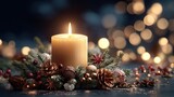 the festive candle surrounded by christmas decorations and glowing lights