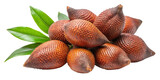 Pile of salak snake fruit with green leaves on background