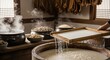© Photo Moon - Traditional Asian tofu making process with wooden mold draining soy milk into large ceramic vat in authentic kitchen setting with steaming pots