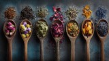 Aromatic spices and dried plants presented on wooden spoons, arranged in an eye-pleasing, colorful and textural assortment against a dark, textured backdrop.