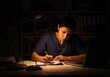 © Meow Creations - Dedicated female healthcare worker writing late at night illuminated by desk lamp.