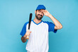 © luismolinero - Young man playing baseball over isolated blue background with tired and sick expression