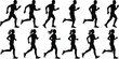 © Yeasrin - Set of running man and woman silhouettes. Vector icon collection of runners and joggers for fitness, sport, or marathon.