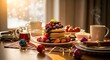© Noor - Cozy winter morning breakfast with steaming pancakes and fresh berries, adorned with festive holiday lights.