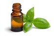 © Ekha - Amber glass bottle of basil oil beside fresh basil leaves