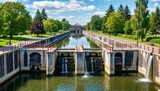 Scenic view of the welland canal in ontario, canada, with locks, water, and lush greenery around