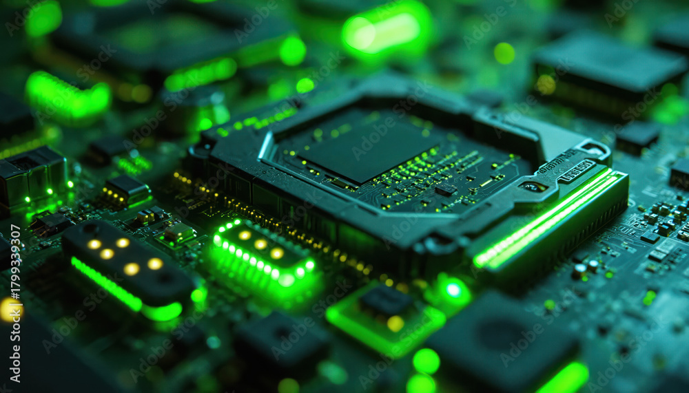 Technical Color Chip Advanced computer chip on circuit board with green glowing components ...