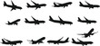 © Austomi's World - Airplane silhouette vector set, aircraft icon, landing gear, flight motion, aviation design, black plane, isolated graphic, white background