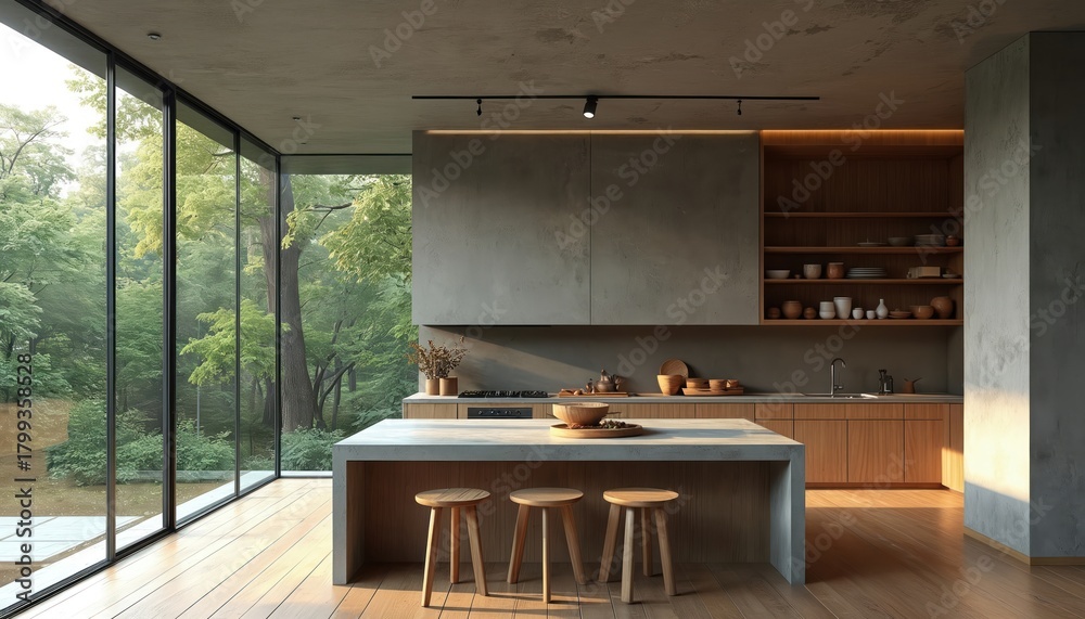 Modern minimalist kitchen with large windows overlooking green forest ...