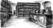 © Good moose - Library interior with bookshelves filled with books. Vintage vector illustration showcasing a classic workspace set in a detailed engraving style.