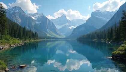 Naklejka na meble Blue mountain lake reflects sky, snowy peaks. Green forest surrounds calm water. Nature landscape shows serene beauty on sunny summer day. Peaceful outdoor scene in untouched wilderness with majestic