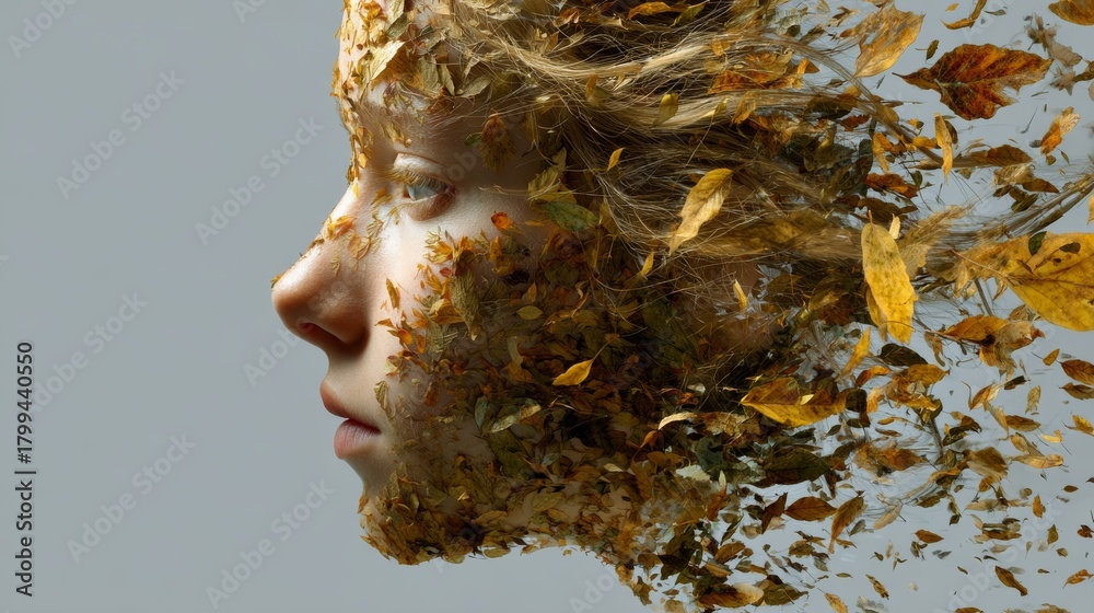 Falling Profile Photo Stock Profile of a person's face merges with falling autumn ...
