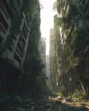 Skyscrapers covered in vines and vegetation, with nature growing through cracks in a reclaimed cityscape.