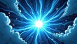 © miss irine - Bright blue energy burst radiates outward from center, with comic style clouds on edges. Starburst light flares in dark void, hints of space elements appear.