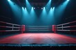 © miss irine - Empty boxing ring waits for fighters under bright stadium lights. Red canvas floor, ropes and corner posts ready for match. Dramatic combat arena prepared for bout.