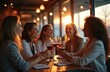 © miss irine - Diverse group of women friends clink wine glasses, laughing, enjoying social time after work. They relax at a bar, celebrating success, bonding over drinks at sunset.
