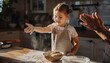 © ASAD - A young girl in an apron claps her flour-dusted hands joyfully while baking in a sunlit kitchen.