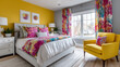 © Anastasiia Havelia - Close up, Bright colorful bedroom with bold curtains and furniture