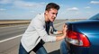 © Vasiliy - Frustrated young man pushing a broken car on the side of a highway. Vehicle breakdown and roadside assistance concept. Driver struggling with an empty fuel tank