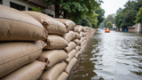 Flood protection barriers made of sandbags line flooded street, showcasing impact of rising water levels. scene evokes sense of urgency
