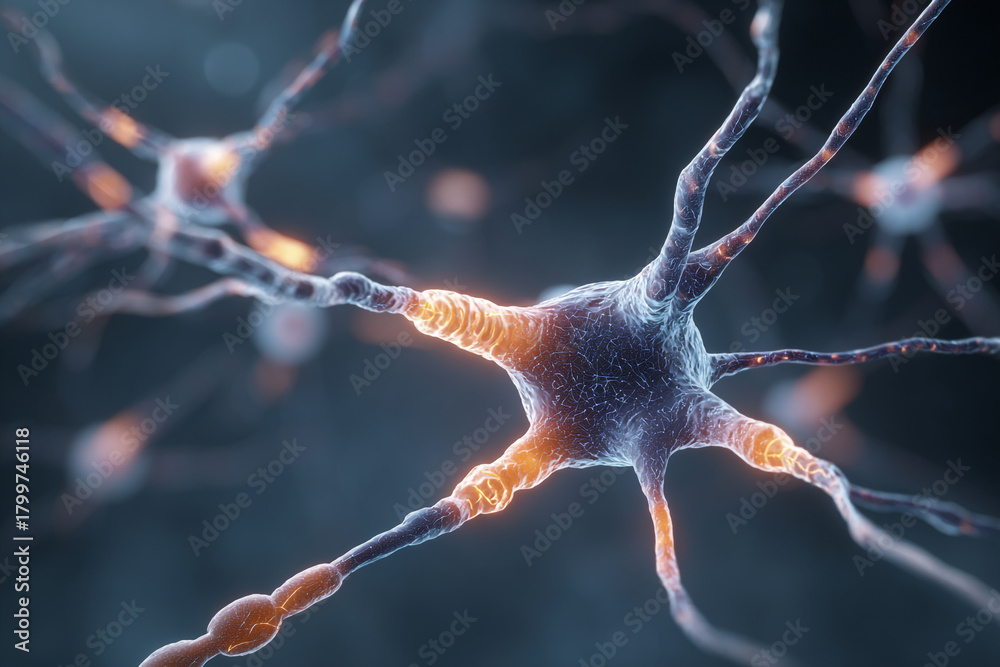 Vibrant microscopic view of interconnected nerve cells showing ...