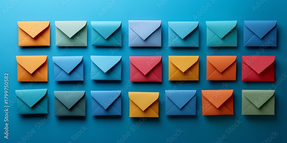 Email Envelope Color Brightly colored paper envelopes on a vibrant blue background ...