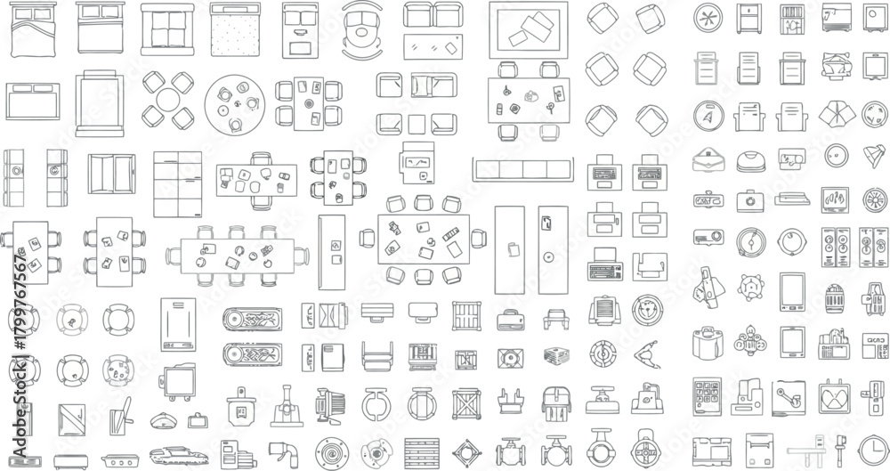 Collection of architectural floor plan symbols and furniture layouts ...