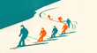 © Tapasii - A retro illustration of a ski instructor with group of students skiing down a slope, a stylish graphic for resort marketing and travel posters.