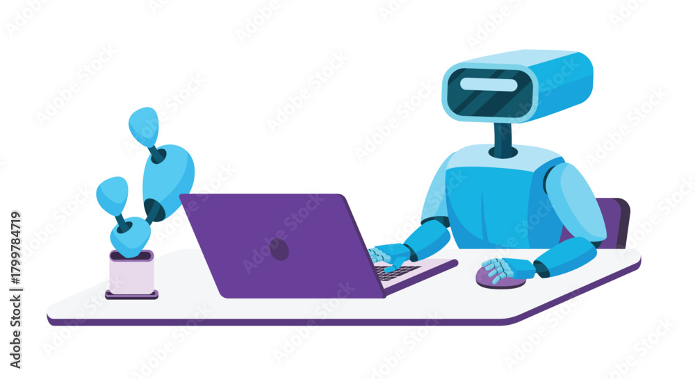 Vector robot sitting at laptop and working with computer mouse cartoon ...