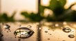 © Zumroatun - Close-up macro shot of water droplets on a reflective surface with blurred green foliage in the background.