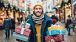 © Frank Gärtner - Happy man shopping for gifts during holidays, walking through festive urban street with packages