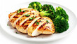 © Bill - Grilled chicken breast sliced with steamed broccoli on a white plate. AI