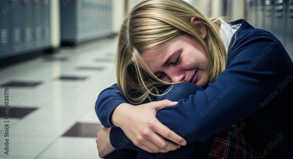 teenage-angst-upset-blonde-schoolgirl-crying-in-a-school-hallway