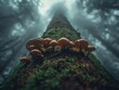 © Вишняк Вишняк - Close-up of brown bracket fungi growing on moss-covered fallen tree in atmospheric foggy forest. Natural woodland scene with shallow depth of field. Autumn mushroom foraging and forest ecosystem