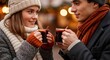 © W.O.W - A woman and a man holding mugs of mulled wine with cinnamon sticks. Couple enjoying a hot winter drink during Christmas or holiday season.