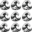 © rokeya - collection of different ocean wave doodles, each with unique curl patterns, dynamic hand-drawn black outline, minimalist beach icon set, white background, vector-ready 2