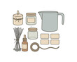 © Lion - flat vector handdrawn soft palette clean outlines white background candle favors small jars wick set pouring pot essential oil bottle label stickers blank twine no logos no gloss