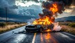 © Олег Мальшаков - Burning car on rural road creating thick smoke