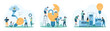 © Iconic Prototype - New tech solution, innovation development and optimization set. Tiny people construct light bulb with robotic arm and cloud services help, work with factory lab machine cartoon vector illustration